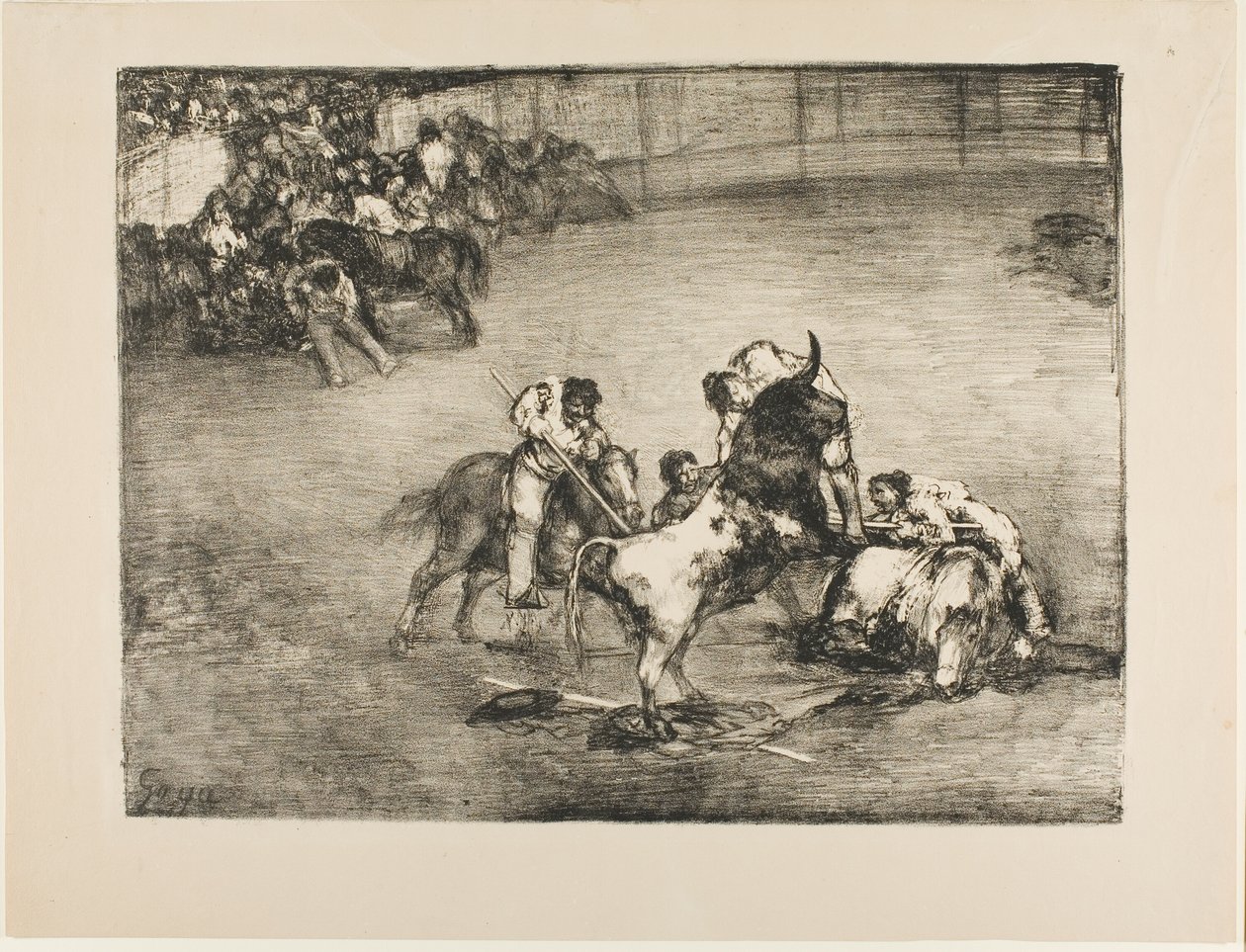 Picador schwytany przez byka, z filmu Byki z Bordeaux autorstwa Francisco Jose de Goya y Lucientes