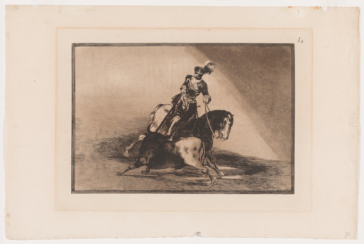 Płyta 10 z La Tauromaquia: Karol V Przebicie byka na ringu w Valladolid, 1816, druk 1876 (akwaforta i akwatinta na papierze czerpanym) autorstwa Francisco Jose de Goya y Lucientes