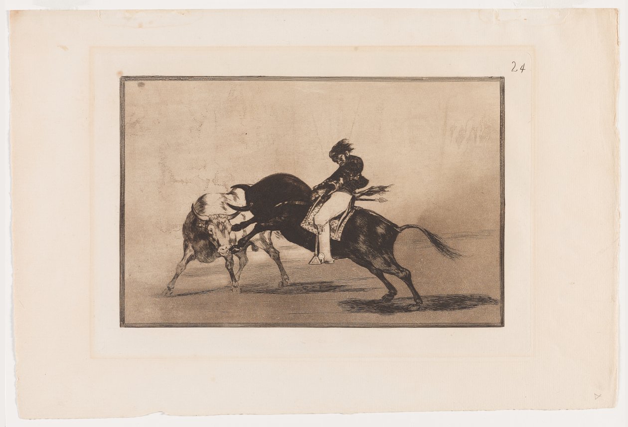 Płyta 24 z La Tauromaquia: To samo Ceballo zamontowane na kolejnej przerwie byka Krótkie włócznie na ringu w Madrycie autorstwa Francisco Jose de Goya y Lucientes