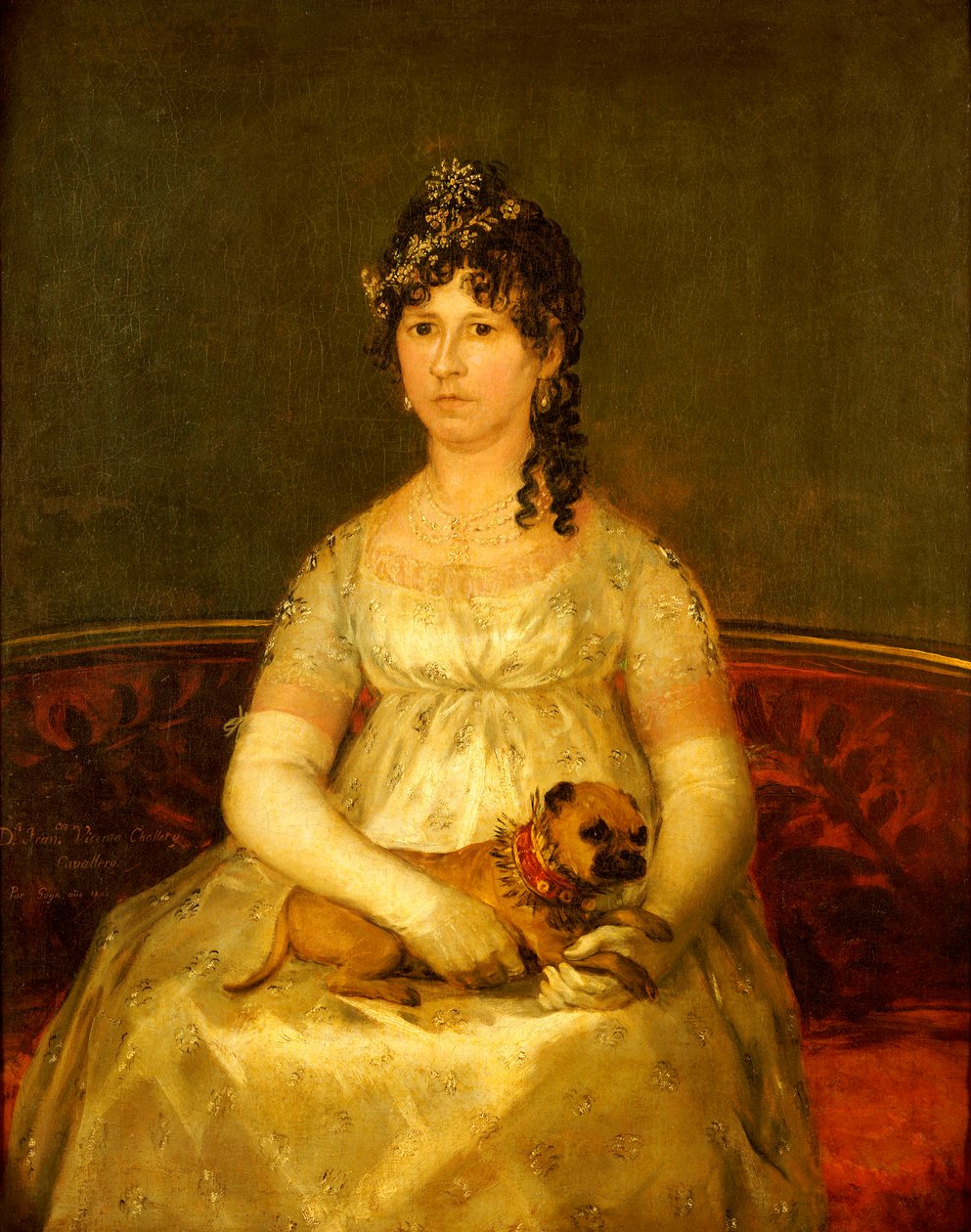 Portret Dony Francisca Vicenty Chollet y Caballero, siedzącej, długości 3/4, z psem na kolanach, 1806 autorstwa Francisco de Goya