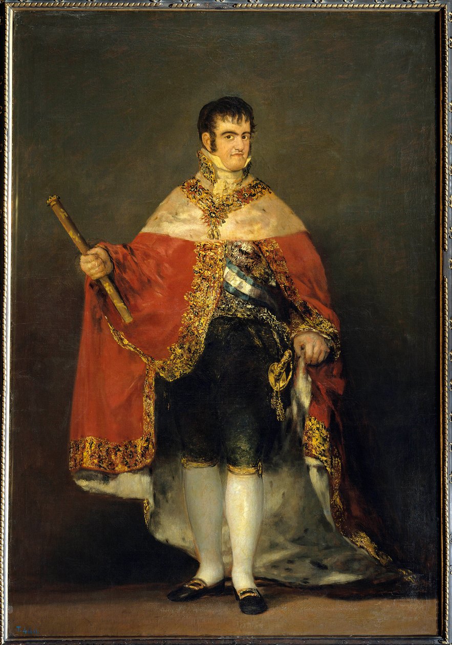 Portret króla Ferdynanda VII (1784-1833) w stroju królewskim. Około 1815 r. Madryt. Musee du Prado - Portret króla Ferdynanda VII (1784-1833) z płaszczem królewskim. Malarstwo Francisco de Goya i Lucients autorstwa Francisco de Goya