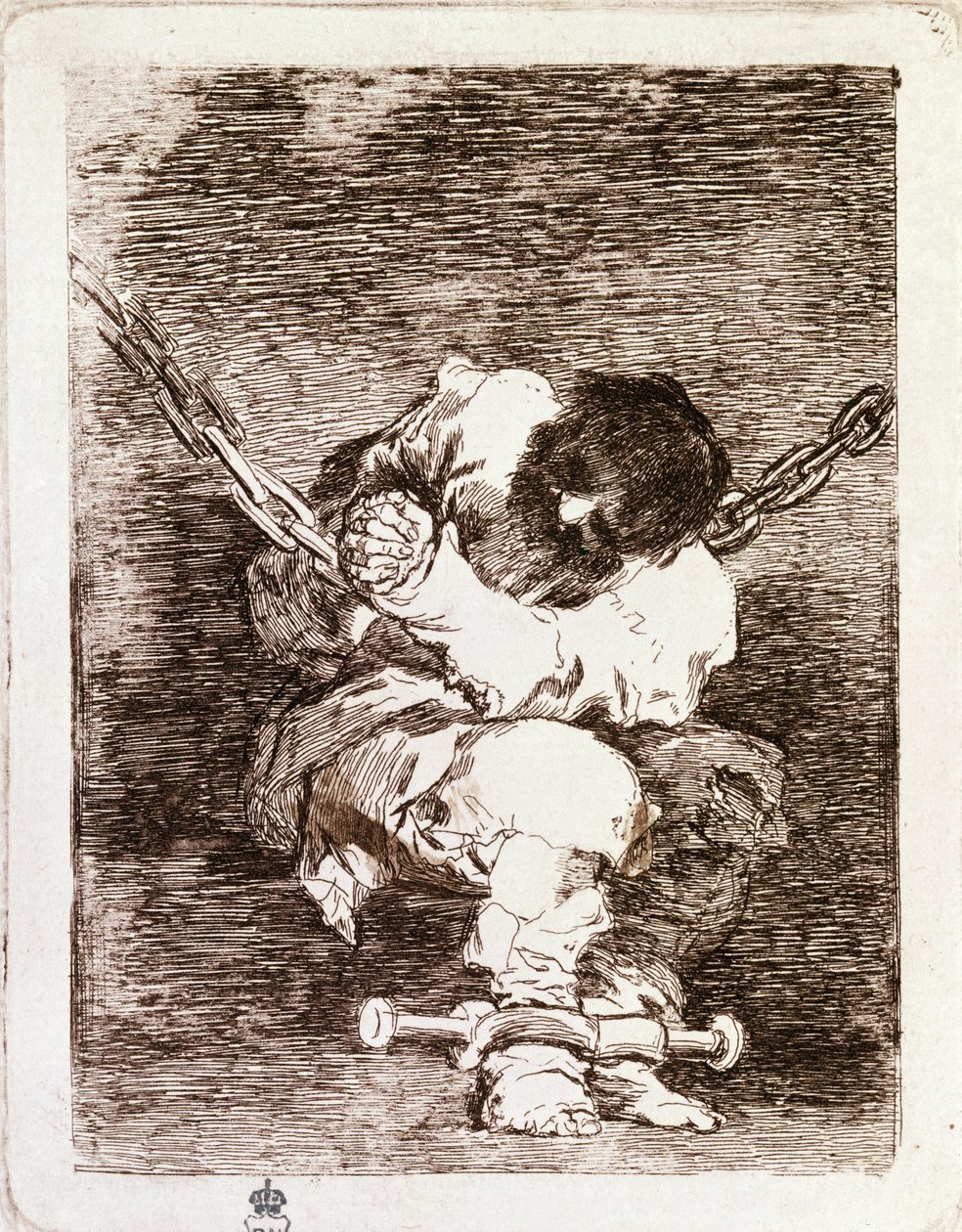 Siedzenie w łańcuchu więźnia - Bezpieczeństwo jest równie barbarzyńskie jak zbrodnia. (Rytownictwo autorstwa Francisco de Goya