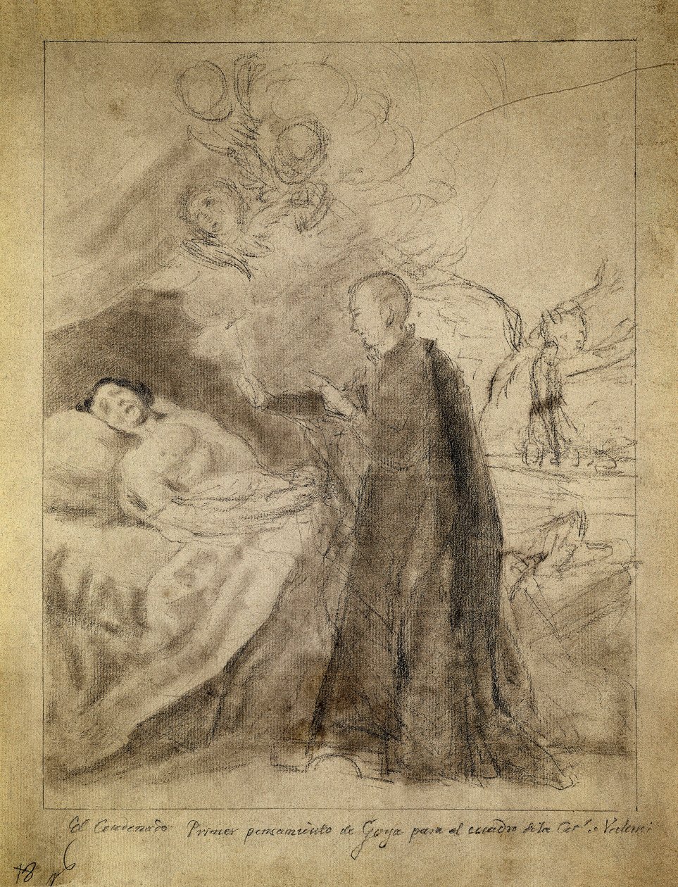 Św. Francois (Francis) Borgia (1510-1578) przy łóżku umierającego zatwardziałego. Rysunek 1788, autorstwa Francisco de Goya y Lucientes (1746-1828). Szkic do obrazu o tym samym tytule na zlecenie rodziny Ausuna. Muzeum Prado w Madrycie. autorstwa Francisco Jose de Goya y Lucientes