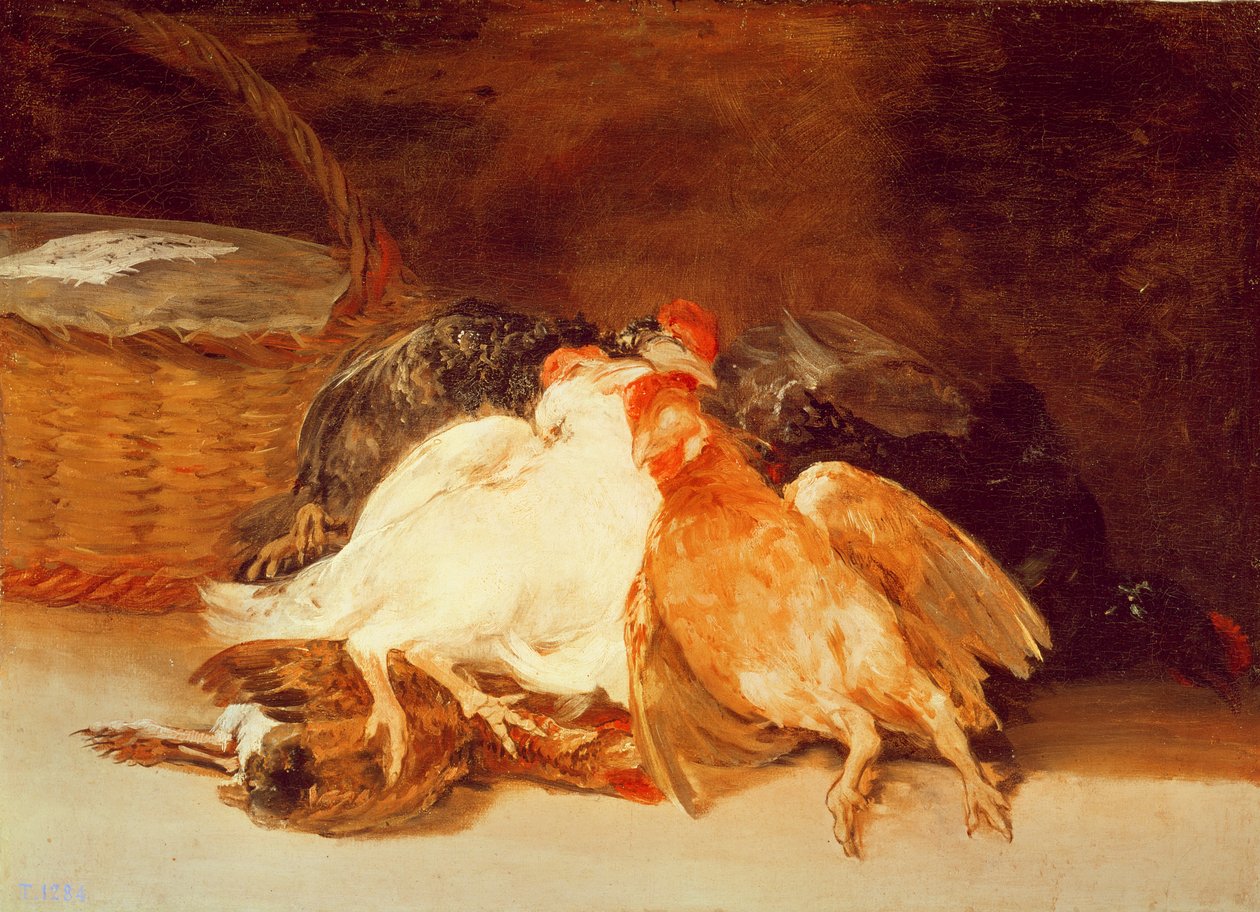 Martwa natura z martwymi kurczakami i wiklinowym koszem (olej na płótnie) autorstwa Francisco de Goya