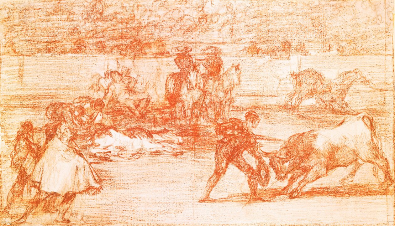 Tauromachie: torreador przygotowuje się do walki w chapeau w miejscu mulety. Dessin a la sanguine autorstwa Francisco de Goya y Lucientes (1746-1828). 1815-1816. Madryt. Muzeum Prado autorstwa Francisco Jose de Goya y Lucientes