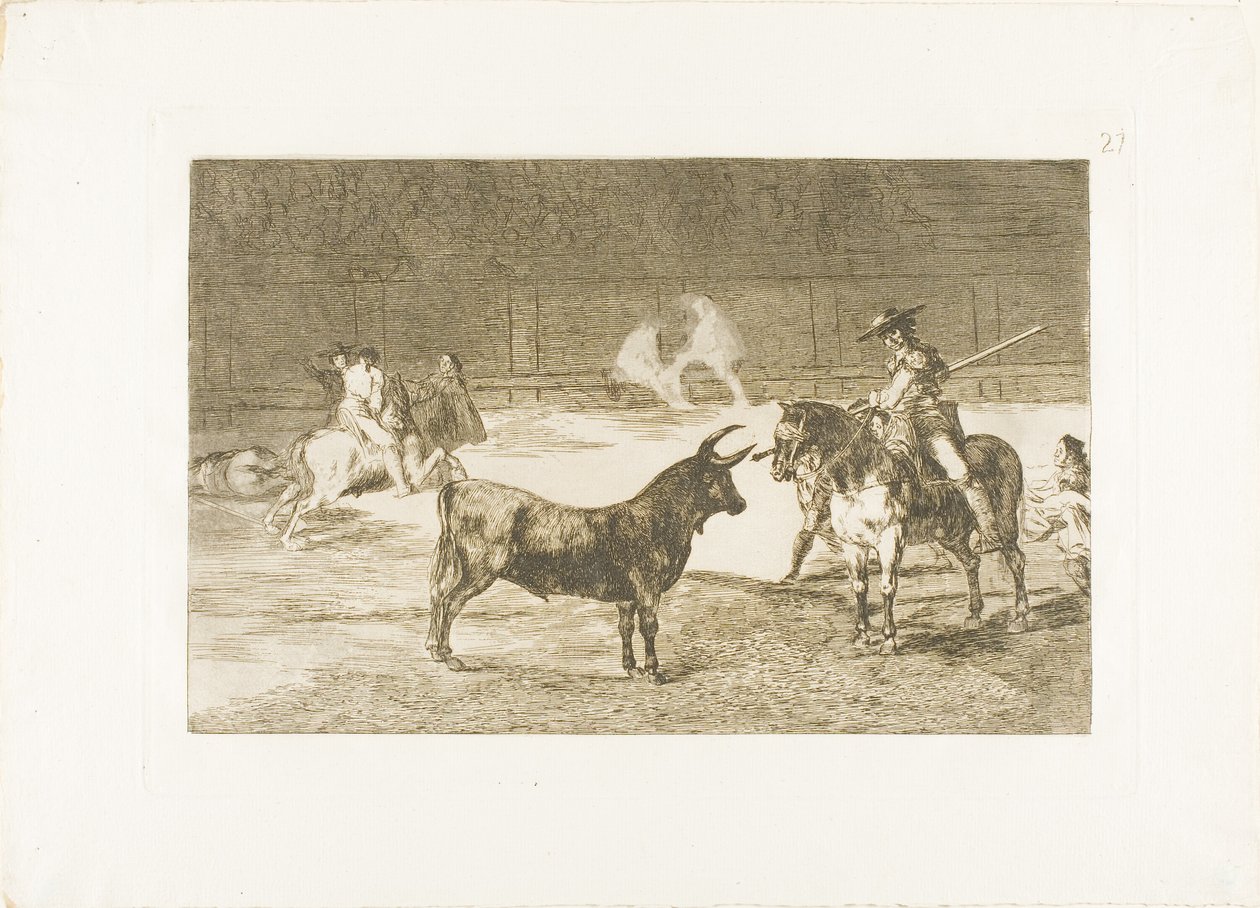 Słynny Picador, Fernando del Toro, Swoją pikką ciągnie zaciekłą bestię, płyta 27 z Sztuki walki byków autorstwa Francisco Jose de Goya y Lucientes
