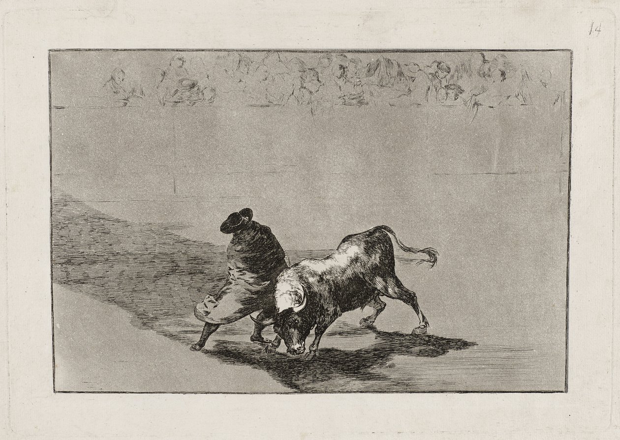 Sprytny „Uczeń Falcesa” doprowadza byka do furii, poruszając się owinięty płaszczem, płyta 14 autorstwa Francisco de Goya