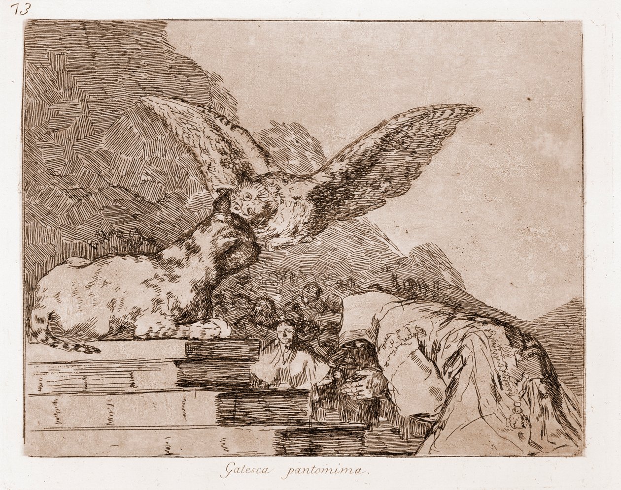 Katastrofy wojny : Cat Pantomima (akwaforta z rysunku przygotowawczego) autorstwa Francisco de Goya