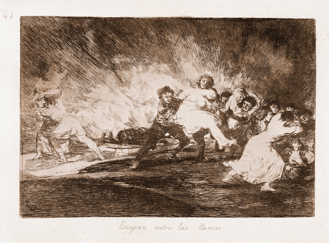 Katastrofy wojny : Uciekają przez płomienie (akwaforta z rysunku) autorstwa Francisco de Goya