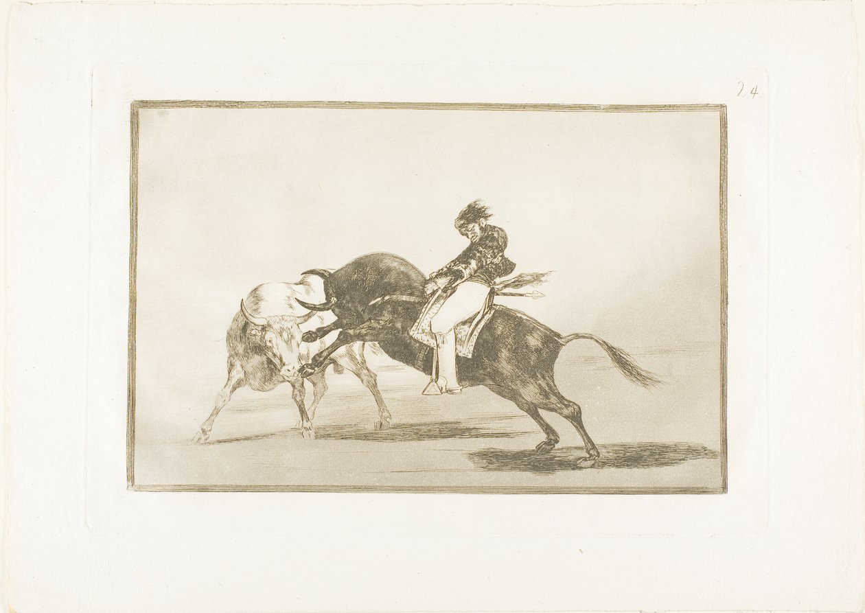 The Same Ceballos, Mount on Another Bull, Breaking Short Spears in the Ring w Madrycie, płyta 24 z Sztuki walki byków autorstwa Francisco Jose de Goya y Lucientes