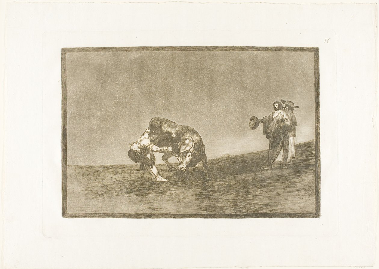 Ten sam człowiek rzuca bykiem w ring w Madrycie, płyta 16 z Sztuki walki byków autorstwa Francisco Jose de Goya y Lucientes