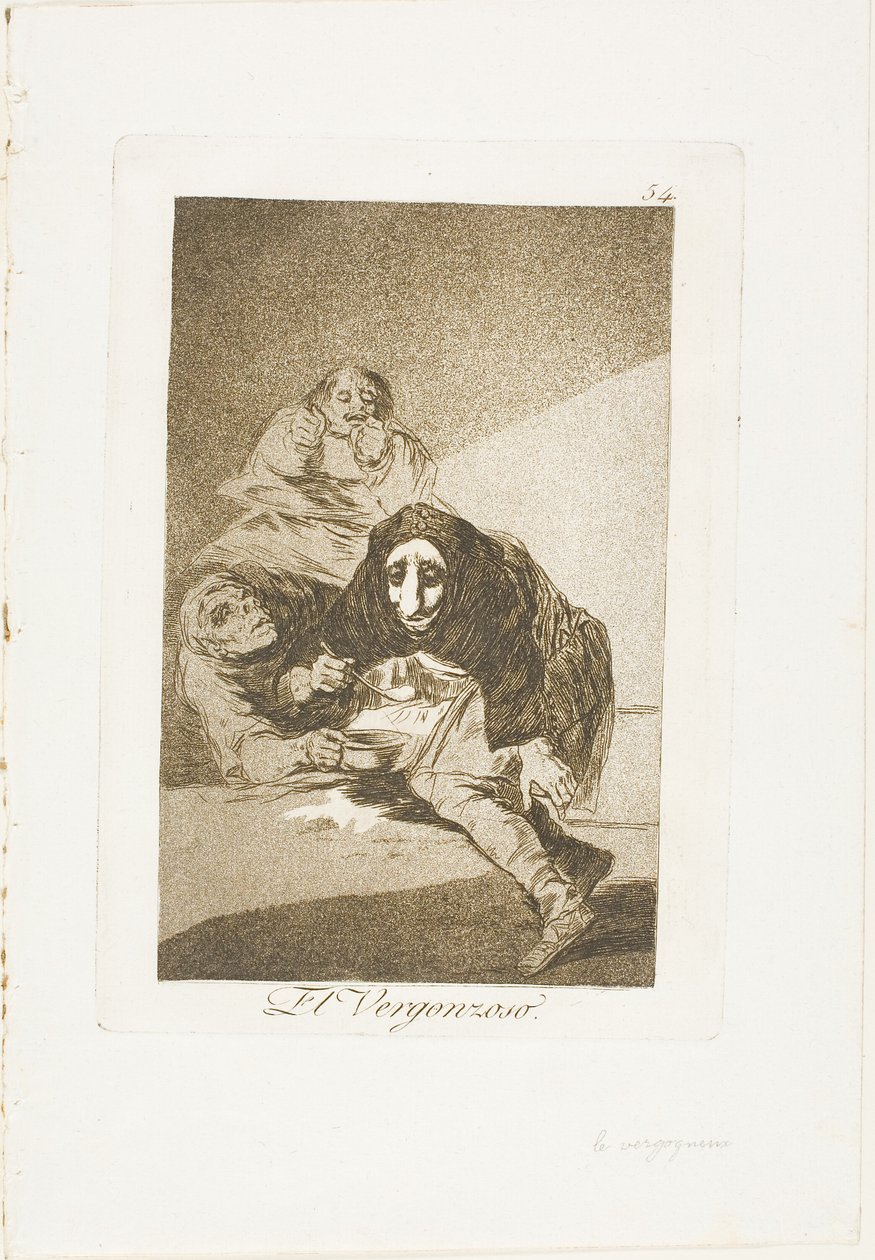 Zawstydzony, tablica 54 z Los Caprichos autorstwa Francisco Jose de Goya y Lucientes