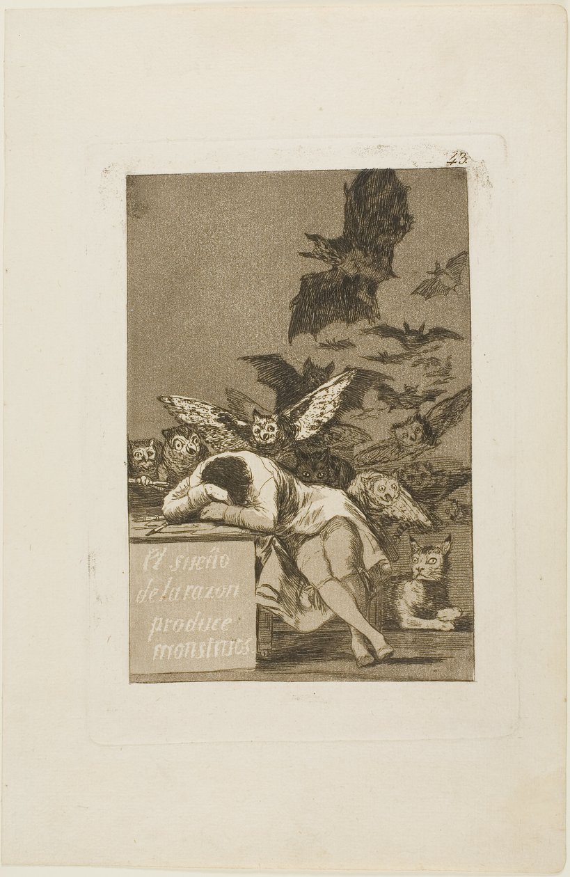 The Sleep of Reason produkuje potwory, płyta 43 z Los Caprichos autorstwa Francisco Jose de Goya y Lucientes