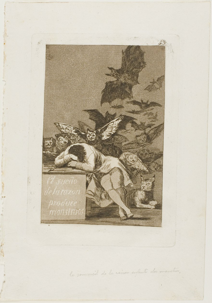 Sen rozumu produkuje potwory, płyta 43 z Los Caprichos autorstwa Francisco Jose de Goya y Lucientes
