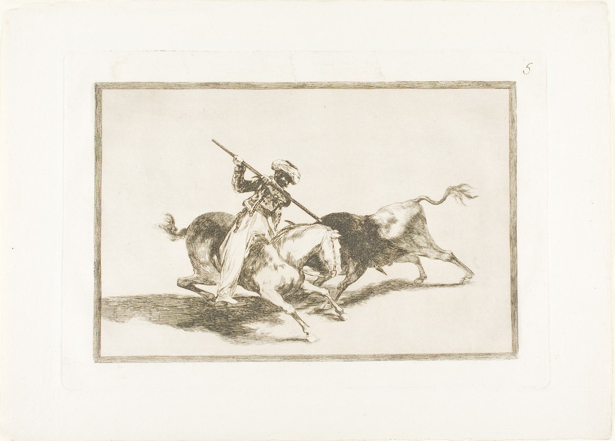Spirited Moor Gazul jako pierwszy włócznia byków zgodnie z zasadami, płyta piąta z Sztuki walki byków autorstwa Francisco Jose de Goya y Lucientes