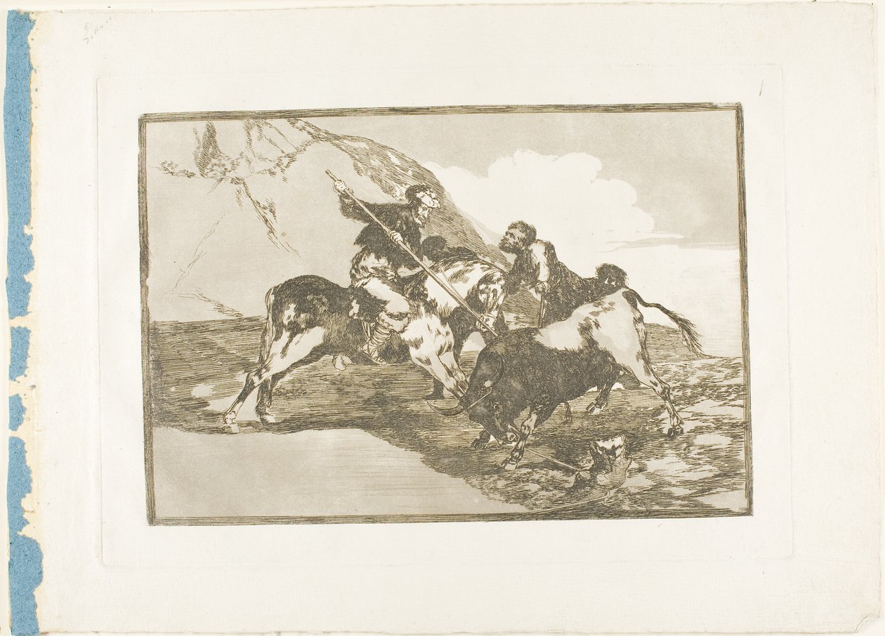 Sposób, w jaki starożytni Hiszpanie polowali na byki na koniach w otwartym kraju, płyta pierwsza z Sztuki walki byków autorstwa Francisco Jose de Goya y Lucientes