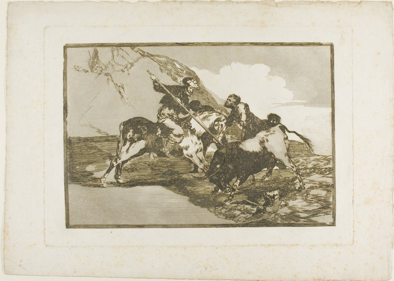 Sposób, w jaki starożytni Hiszpanie polowali na byki na koniach w otwartym kraju, płyta pierwsza z Sztuki walki byków autorstwa Francisco Jose de Goya y Lucientes
