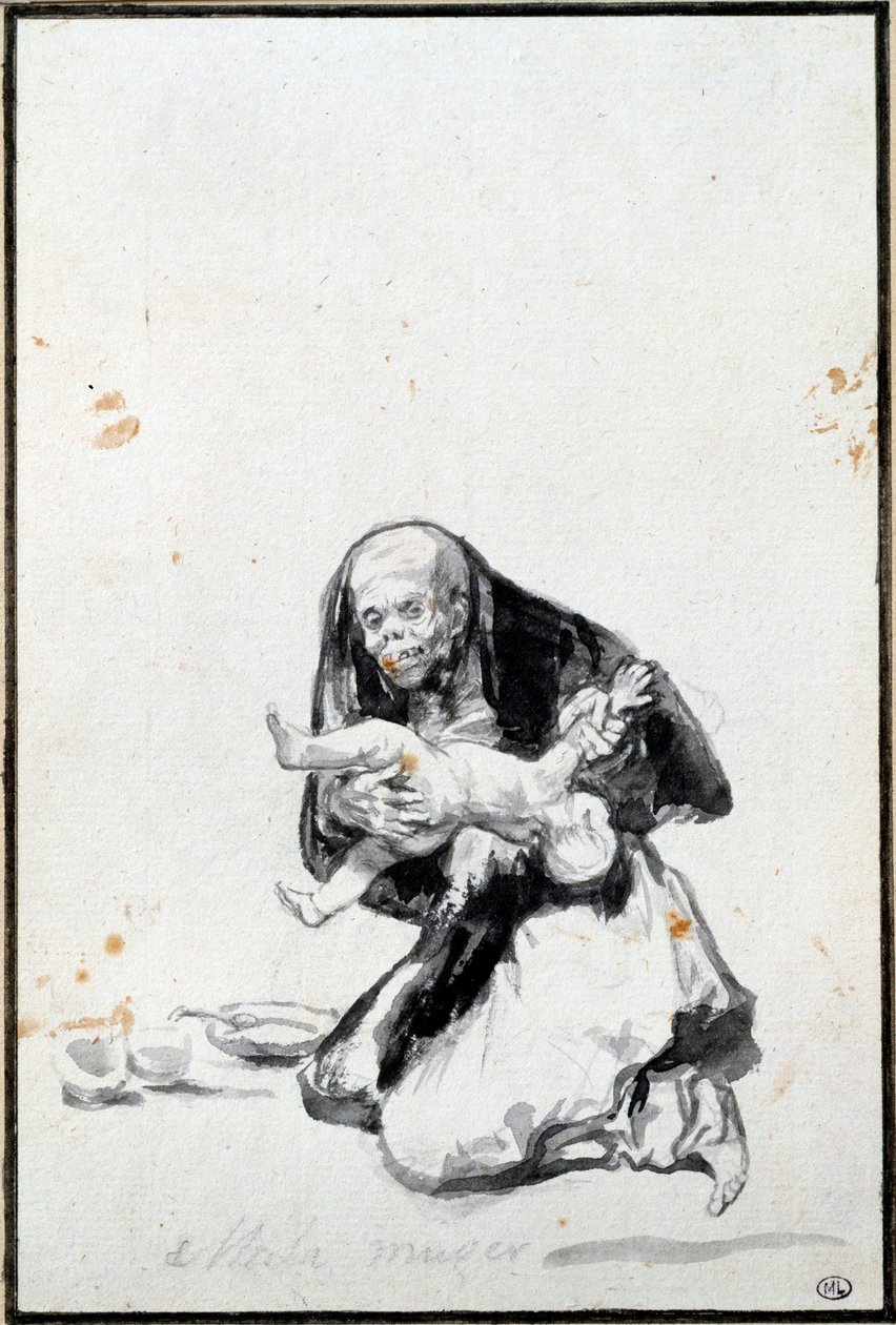 Zła kobieta (Mala mujer). Zła kobieta. Scena antropofagiczna, wiedźma pożera dziecko. Szary wash Francisco Goya y Lucientes (1746-1828) Nd. 0,21x0,14 m Paryż, musee du Louvre autorstwa Francisco de Goya