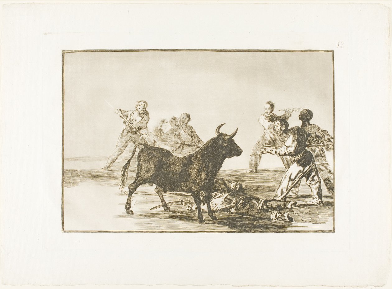 motłoch ścinający byka włóczniami, sierpami, banderillami i innymi ramionami, płyta dwunasta z Sztuki walki byków autorstwa Francisco Jose de Goya y Lucientes