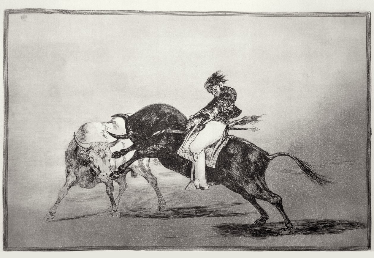 Ten sam Mariano Ceballos, dosiadający byka, łamie krótkie włócznie na ringu w Madrycie, płyta 24 „Sztuka walki byków”, wyd. 1816 (akwaforta) autorstwa Francisco Jose de Goya y Lucientes