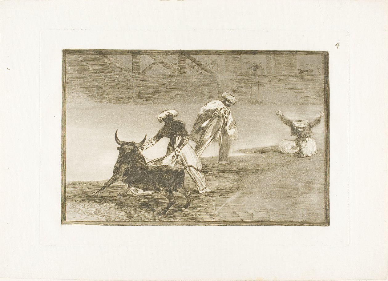 Bawią się innym z peleryną w zagrodzie, płyta czwarta z Sztuki walki byków autorstwa Francisco Jose de Goya y Lucientes