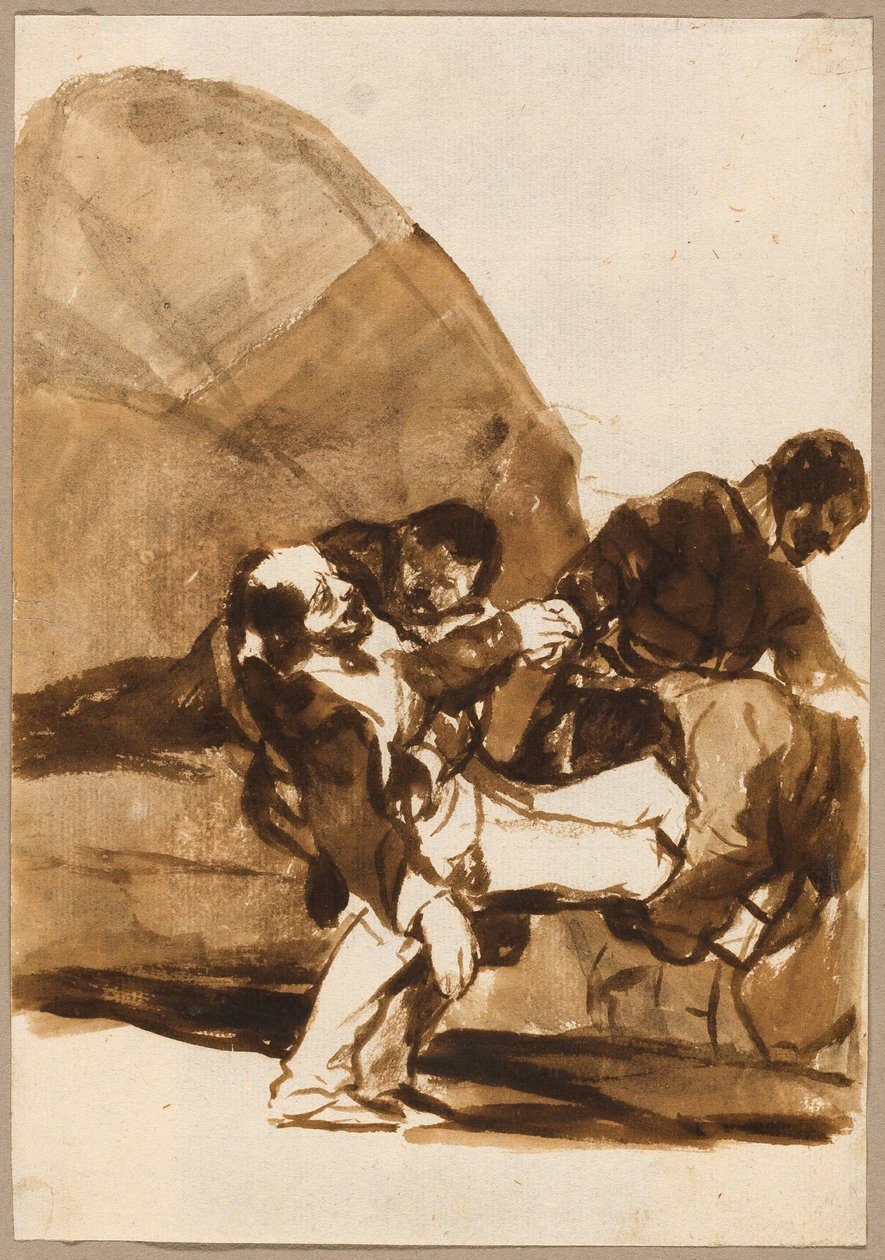 Trzech mężczyzn niosących rannego żołnierza, z Obrazów Hiszpanii, Album F autorstwa Francisco Jose de Goya y Lucientes