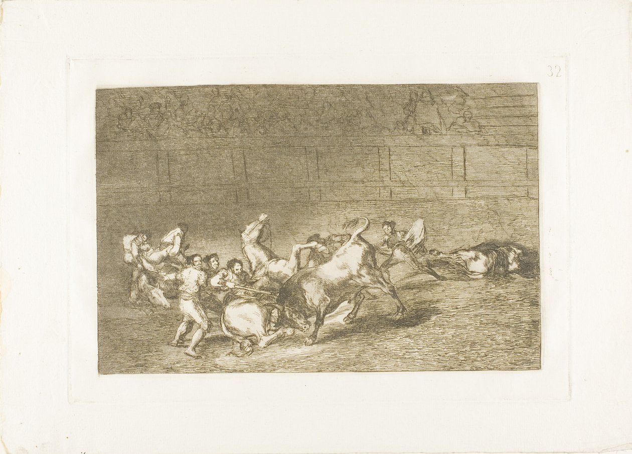 Dwie drużyny pikadorów rzucone jedna po drugiej przez jednego byka, tablica 32 z Sztuki walki byków autorstwa Francisco Jose de Goya y Lucientes
