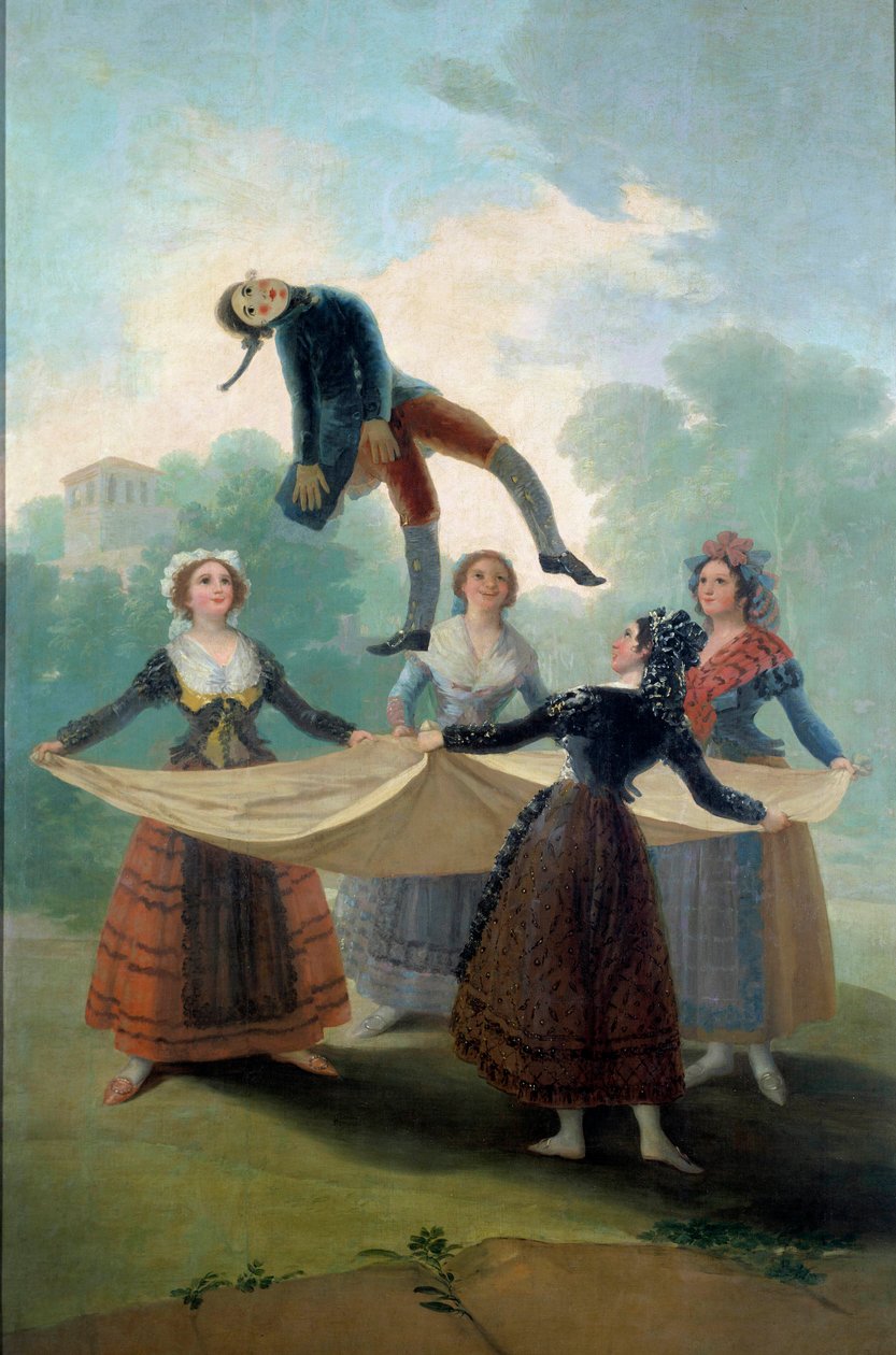 Młode kobiety wyrzucają w powietrze szmatką szmacianą lalkę. Obraz Francisco de Goya (1746-1828) 1792, Nd. 1,6x2,67 m Madryt, Musee du Prado - Lalka. Młode dziewczyny rzucają szmacianą lalkę z prześcieradłem. Obraz Francisco de Goya (1746-1828 autorstwa Francisco de Goya