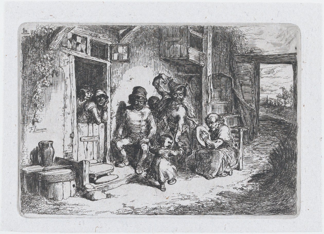 Tablica 10: dwie tańczące postacie, inna siedząca grająca na bębnie, z serii obyczajów…, 1850. autorstwa Francisco Lameyer Berenguer