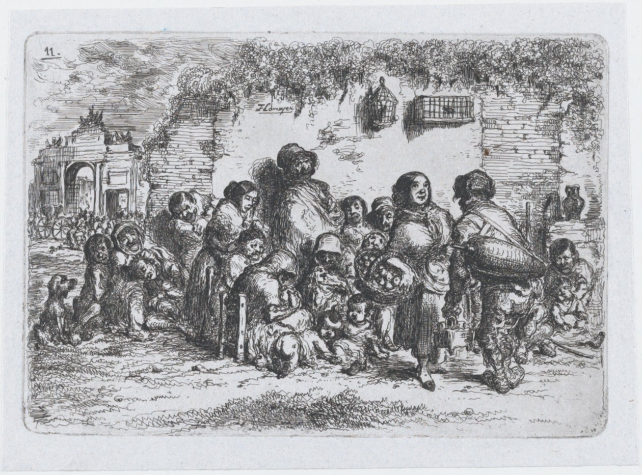 Tablica 11: grupa ludzi w plenerze, z cyklu obyczajów i rozrywek Hiszpanów..., 1850. autorstwa Francisco Lameyer Berenguer