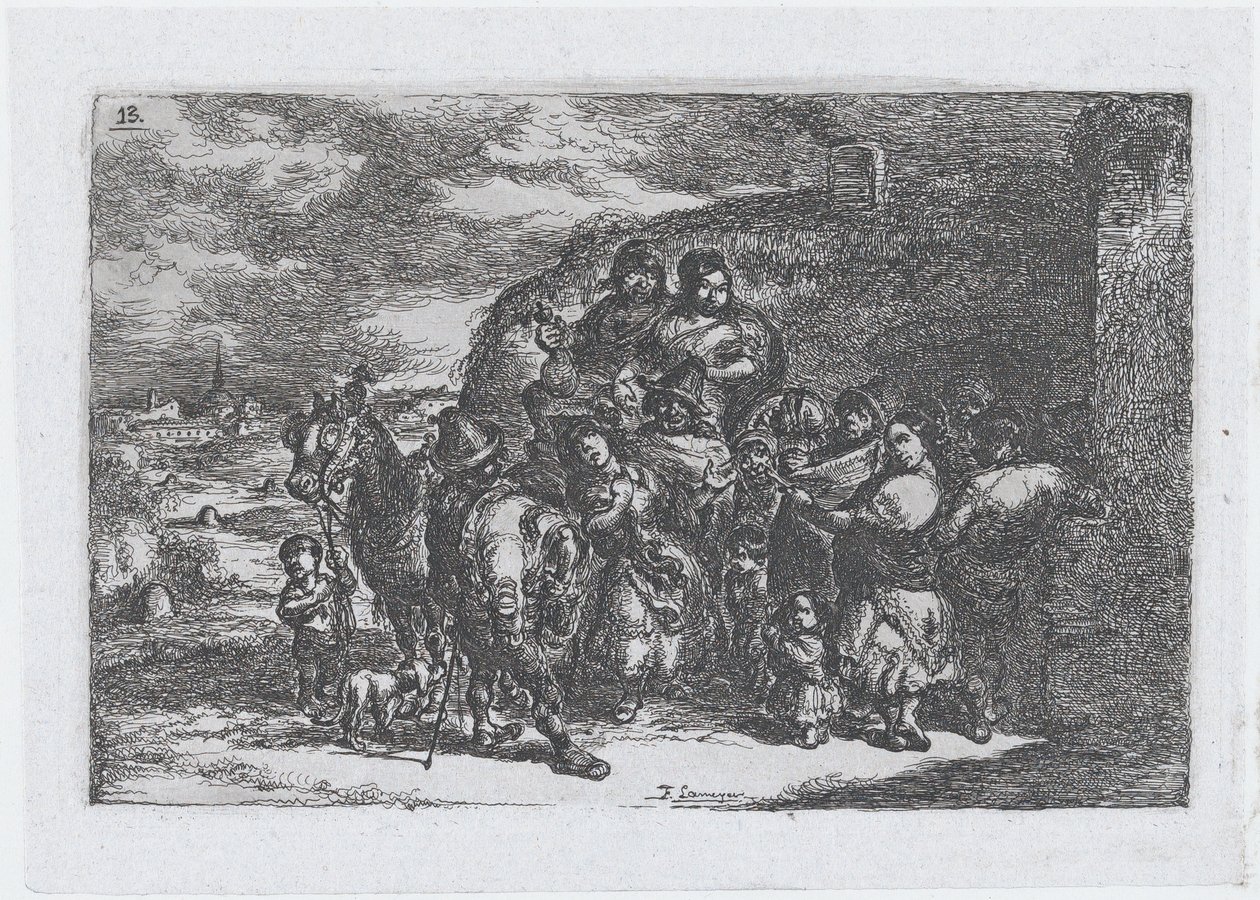 Tablica 13: grupa ludzi na zewnątrz, w tym prawdopodobnie muzycy, z serii cust..., 1850. autorstwa Francisco Lameyer Berenguer