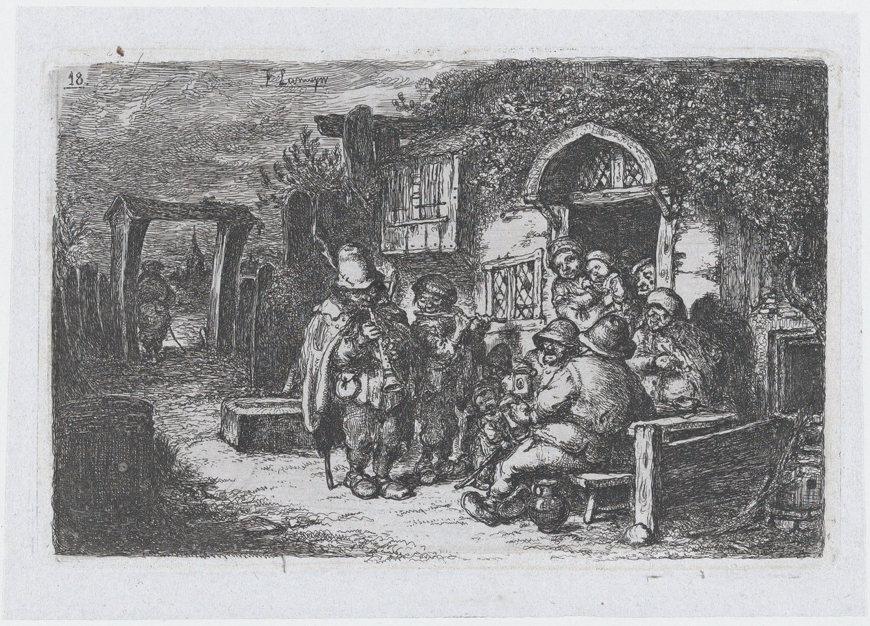 Tablica 18: uliczni muzycy i inne postacie przed karczmą, z cyklu obyczajów…, 1850. autorstwa Francisco Lameyer Berenguer