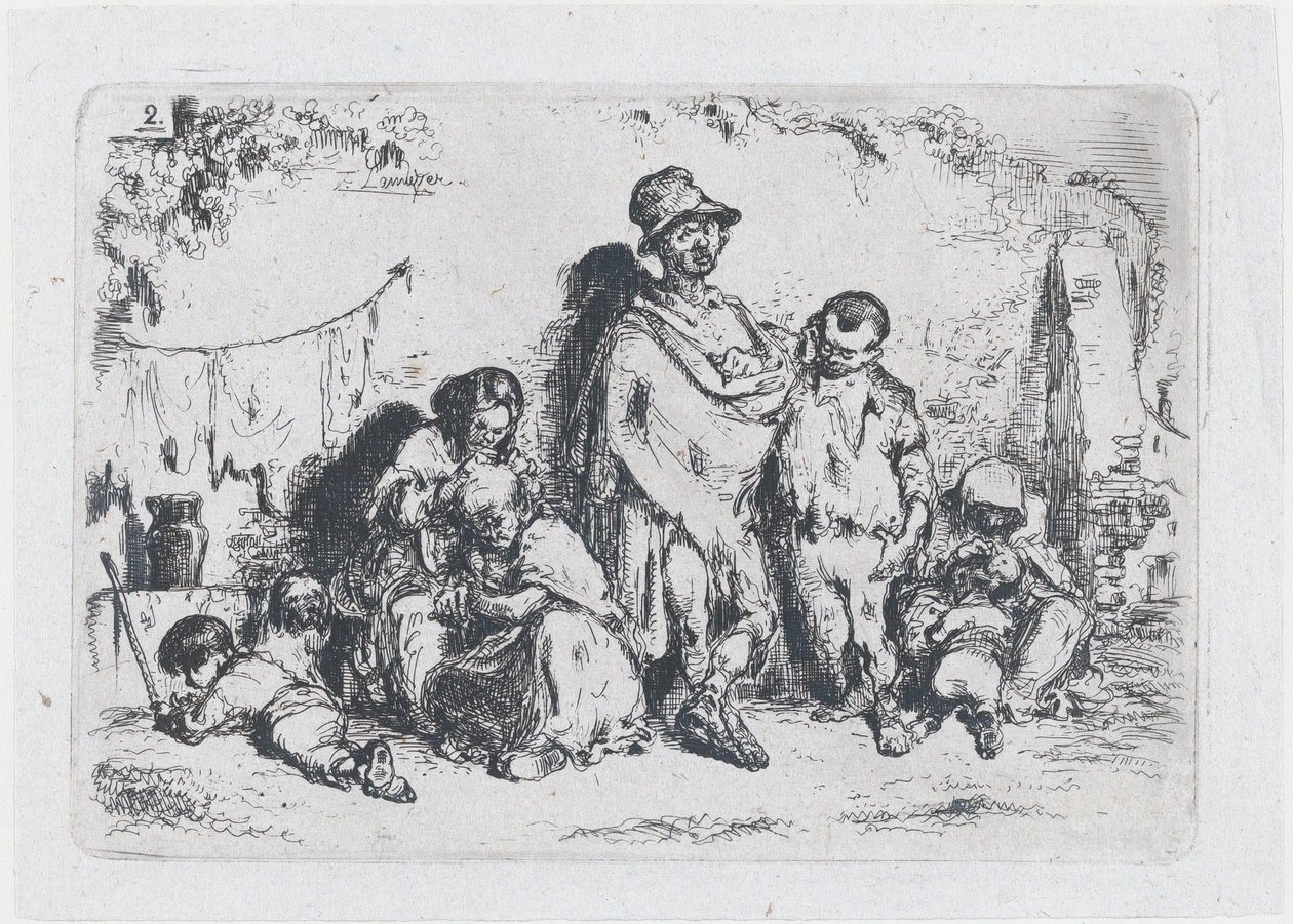 Ilustracja 2: grupa ludzi na ulicy, prawdopodobnie żebracy, z cyklu obyczaje i..., 1850. autorstwa Francisco Lameyer Berenguer