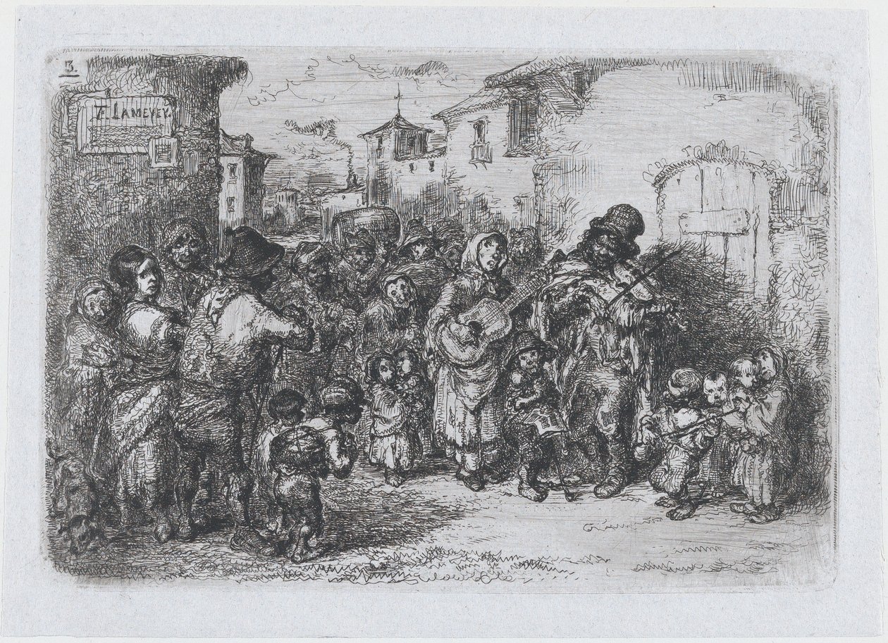 Tablica 3: grupa muzyków ulicznych, z cyklu obyczajów i rozrywek Hiszpanów…, 1850. autorstwa Francisco Lameyer Berenguer