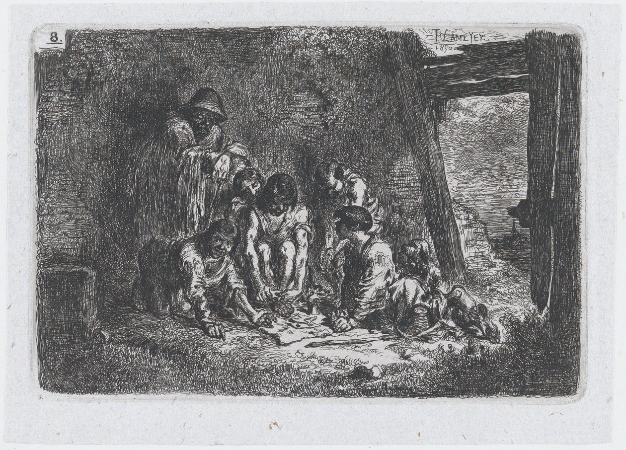 Tablica 8: grupa postaci, z których część gra w grę, z serii obyczajów an..., 1850. autorstwa Francisco Lameyer Berenguer