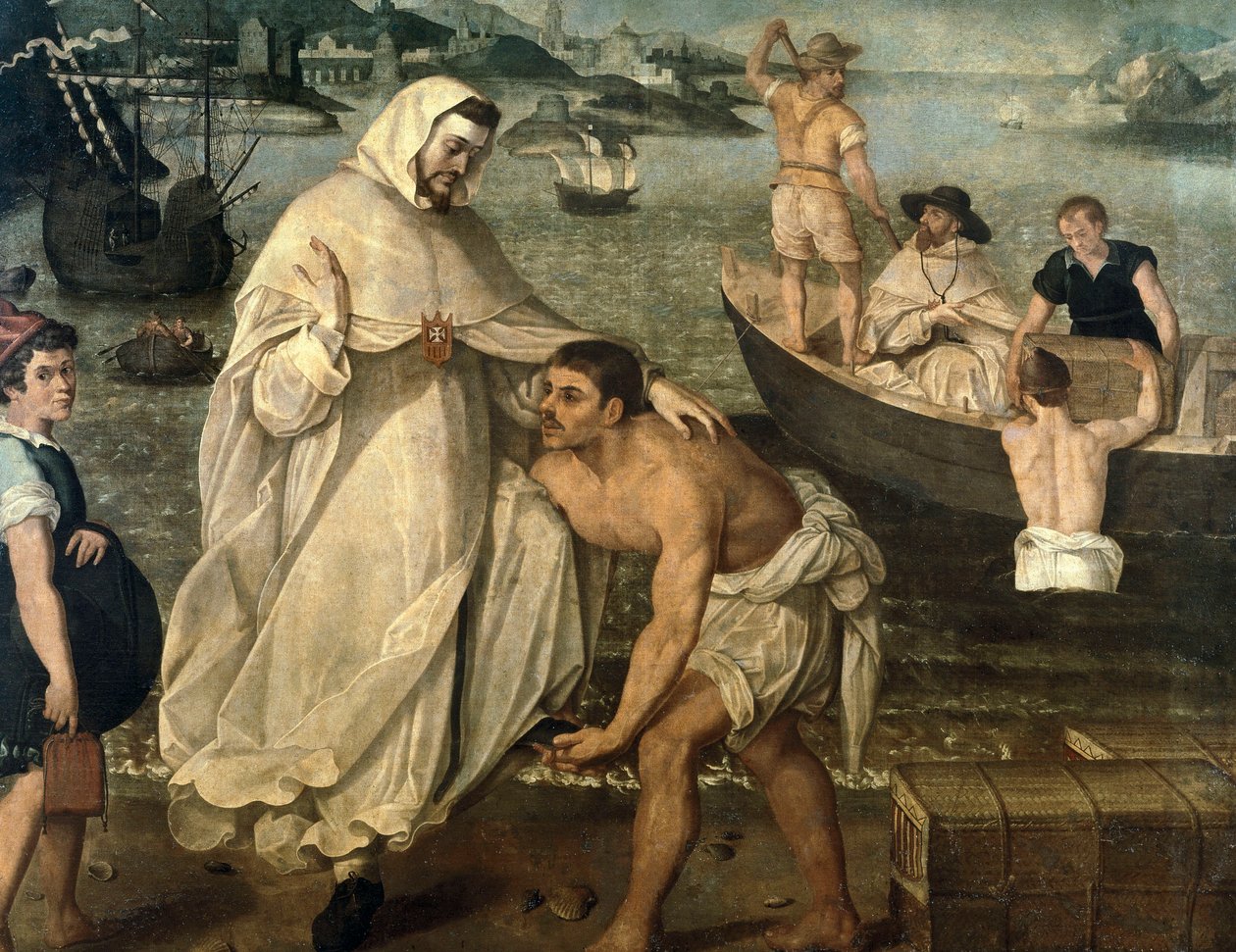 Święty Piotr Nolasque (1189-1256) wyrusza na wolność chrześcijańskich jeńców przetrzymywanych przez mauretańskich piratów i sprzedawanych jako niewolnicy w Afryce (obraz) autorstwa Francisco Pacheco