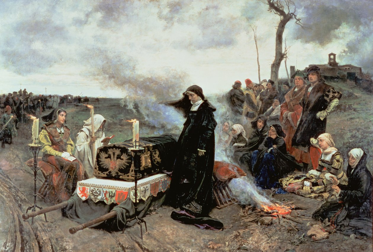 Joanna Szalona (1479-1555) w towarzystwie trumny Filipa Przystojnego (1478-1506) do Cartuja de Miraflores w Granadzie, 1877 autorstwa Francisco Pradilla y Ortiz