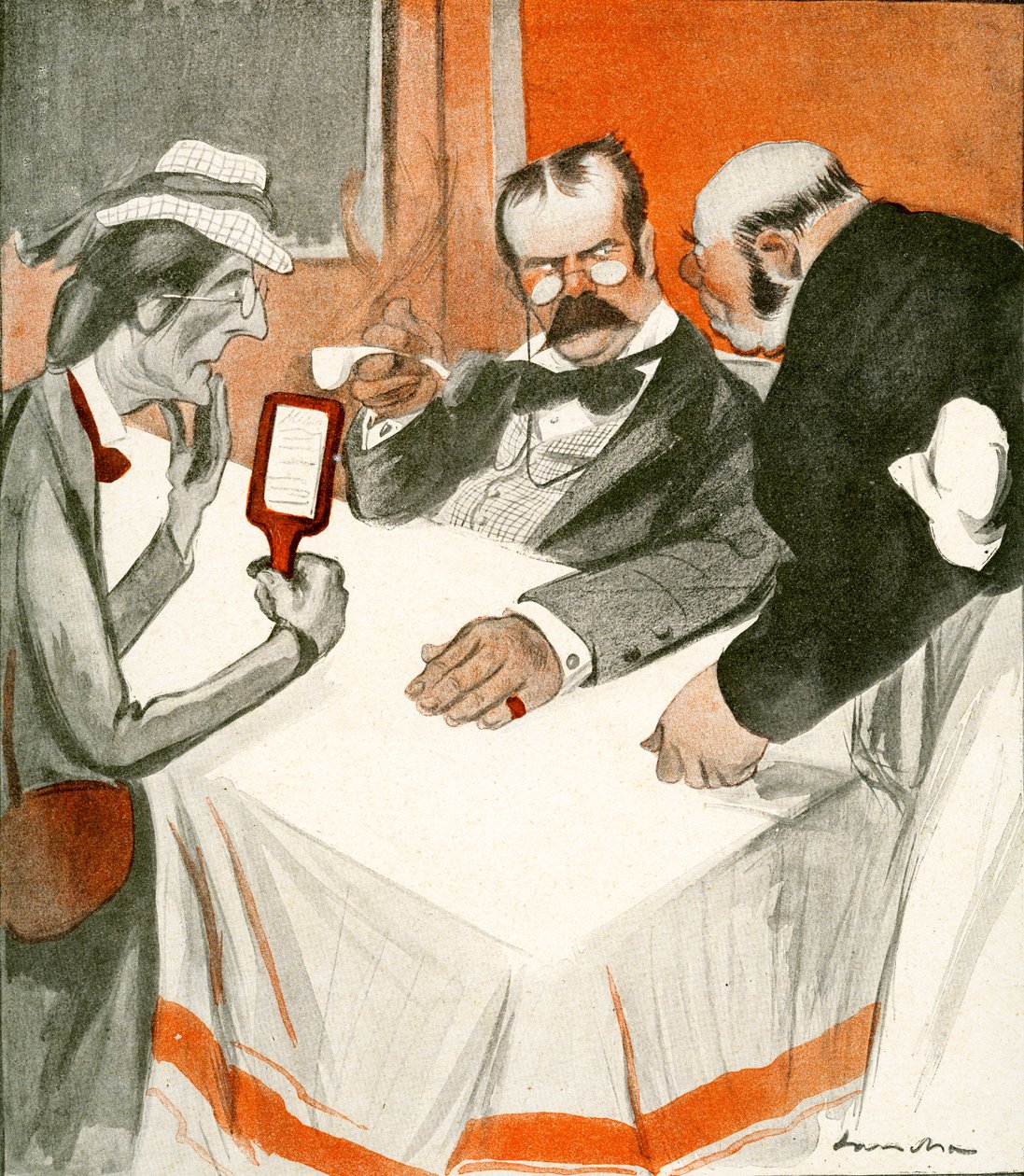 Angielska para zmagająca się z menu we francuskiej restauracji, 1903 autorstwa Francisco Sancha y Lengo