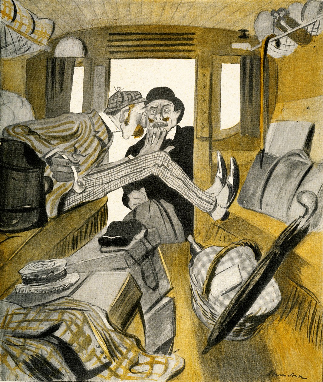 Anglik powstrzymuje Francuza przed zajęciem wolnego miejsca w pociągu, 1903 r. autorstwa Francisco Sancha y Lengo