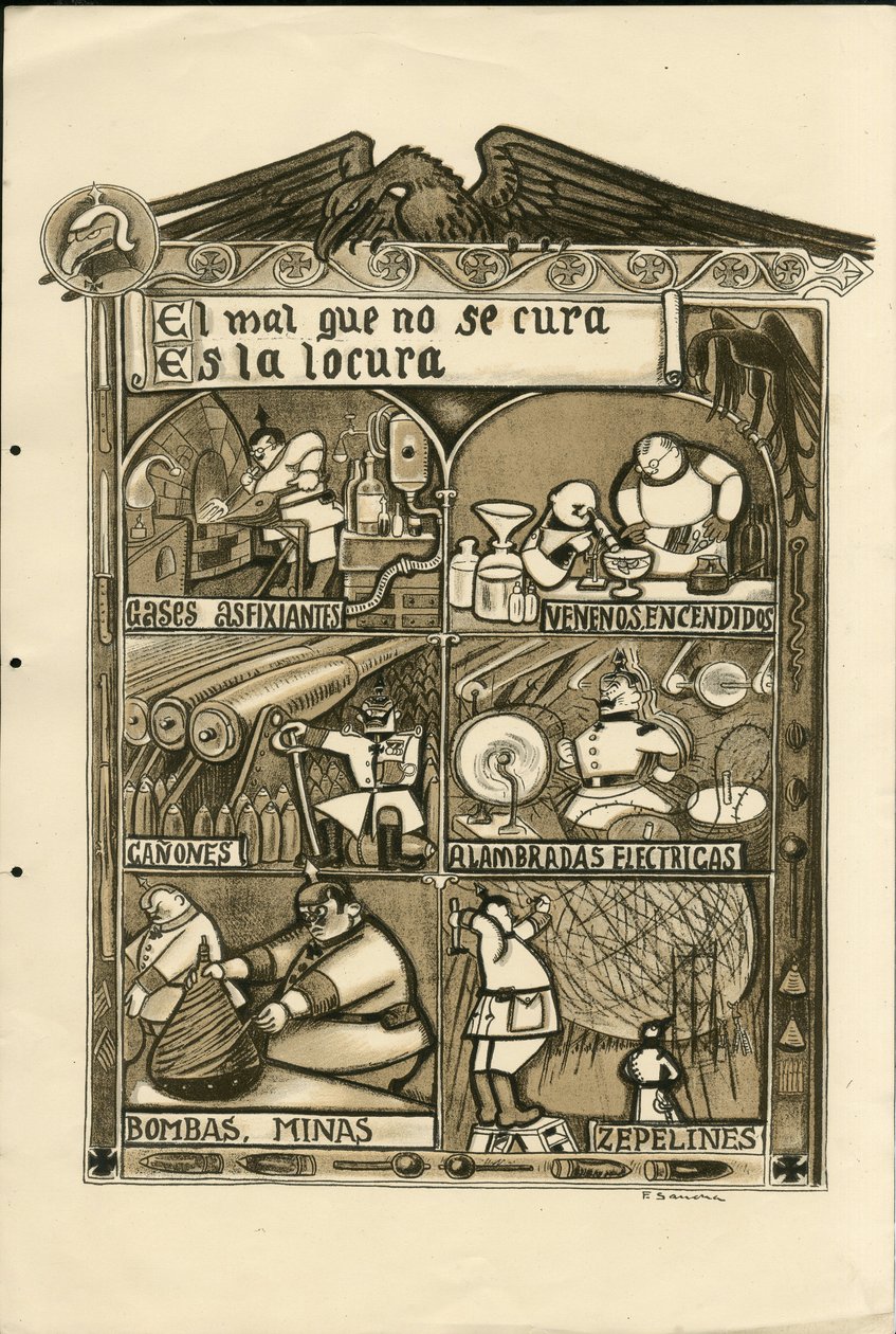 Ilustracja Francisco Sancha Lengo (1874-1936) - Latający liść, ok. 1915 - Nieuleczalne zło to szaleństwo - Wojna 14-18, Niemcy Prusy, Gaz duszący, Język hiszpański, Prasa zagraniczna autorstwa Francisco Sancha y Lengo