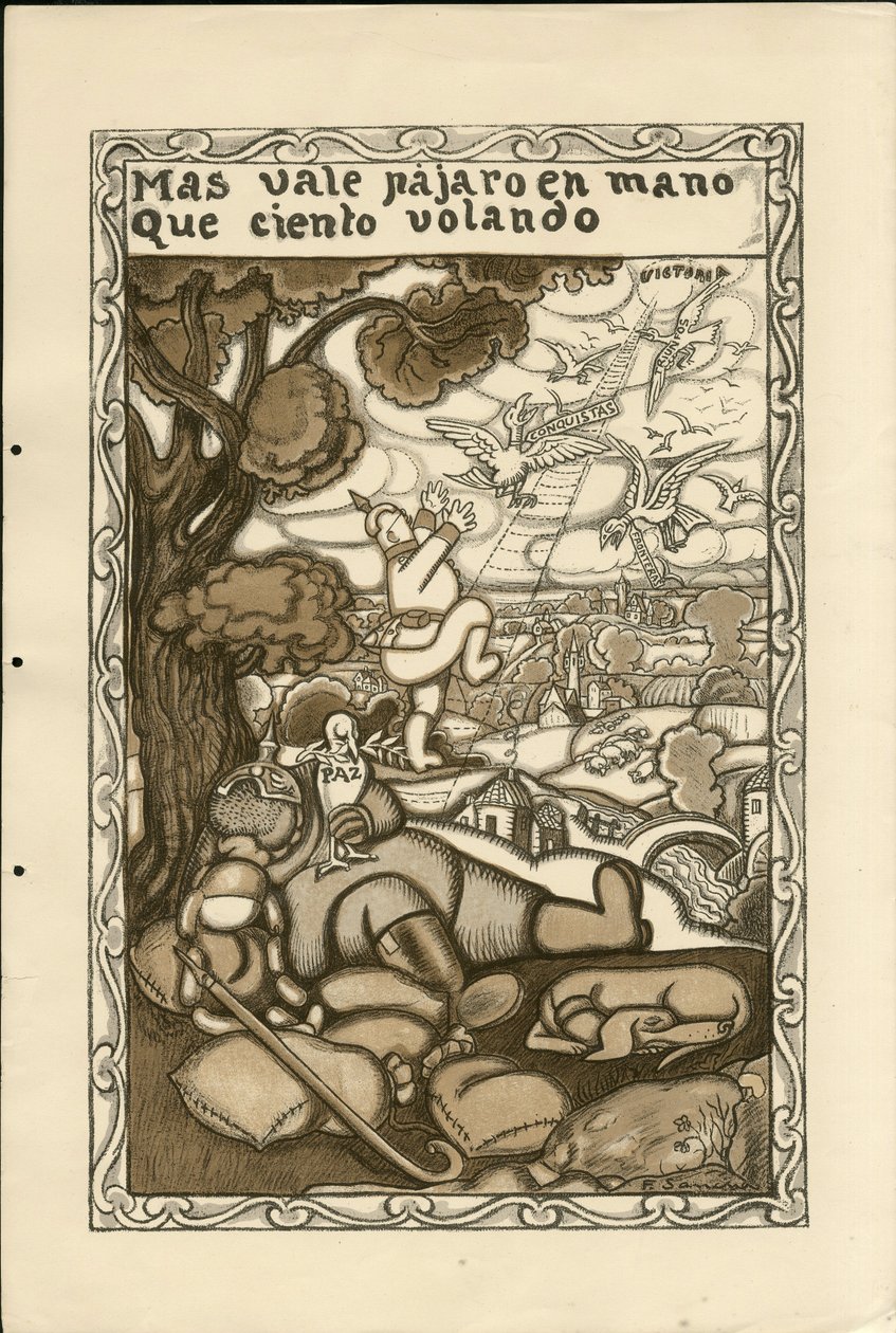Ilustracja Francisco Sancha Lengo (1874-1936) - Latający liść, ca. 1915 - Ptak wart więcej niż sto latania - Wojna 14-18, Niemcy Prusy, Wojownicy i symbole, Zwycięstwo, Pokój, Język hiszpański, Prasa zagraniczna autorstwa Francisco Sancha y Lengo