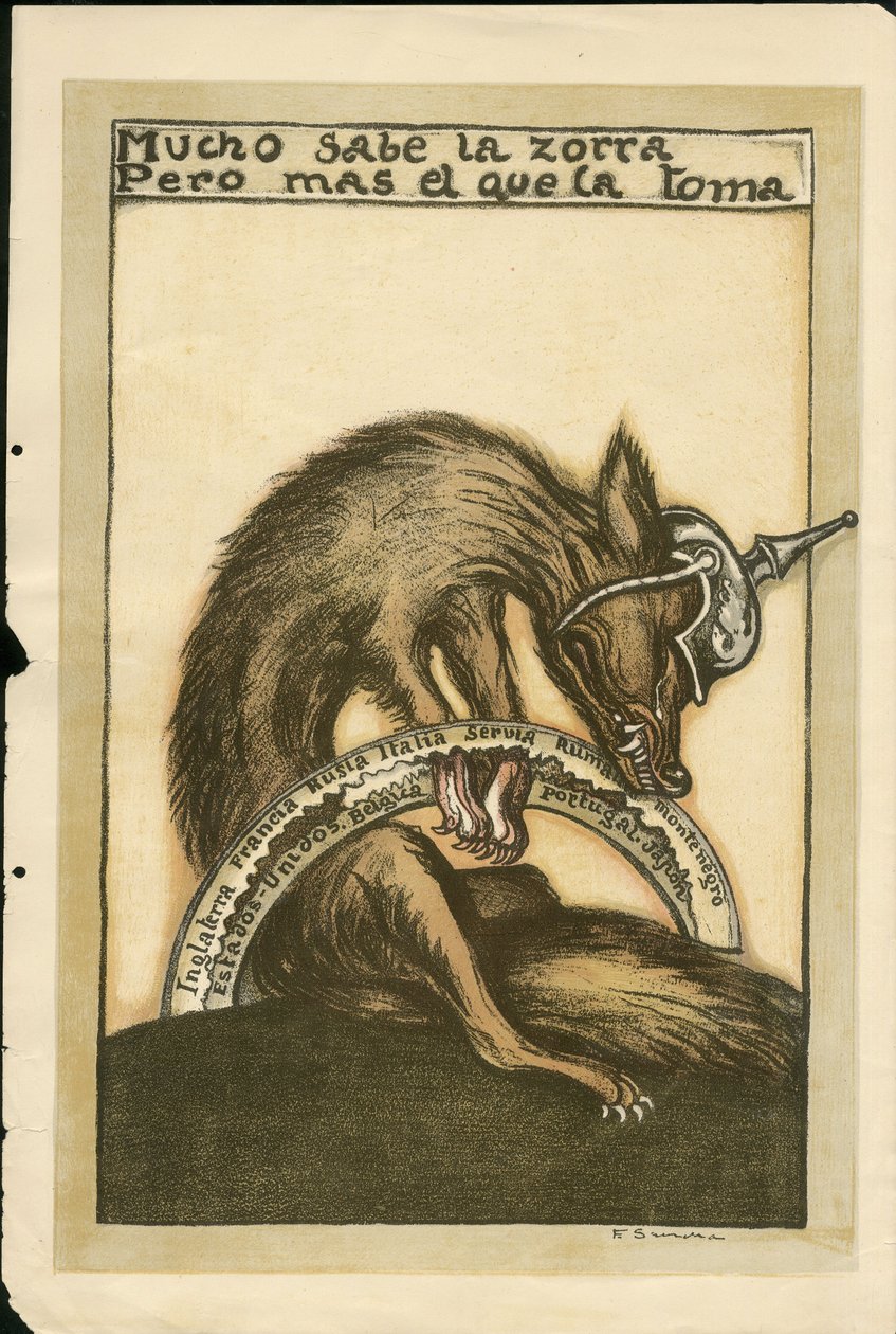 Ilustracja Francisco Sancha Lengo (1874-1936) - Latający liść, ca. 1915 - Mucho sabe la zorra pero mal el que la toma - Wojna 14-18, Niemcy Prusy, Wojownicy i symbole, Alianci, Język hiszpański, Prasa zagraniczna - Lis -, Przeszkody, Animacja autorstwa Francisco Sancha y Lengo