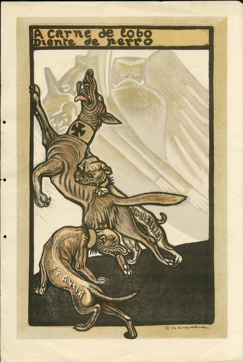 Ilustracja Francisco Sancha Lengo (1874-1936) - Latający liść, około 1915 - A carne de lobo diente de perro - Wojna 14-18, Niemcy Prusy, Anglia Wielka Brytania, Wojownicy i symbole, Francja, Język hiszpański, Prasa zagraniczna - Wilhelm II, Pies, Hid autorstwa Francisco Sancha y Lengo