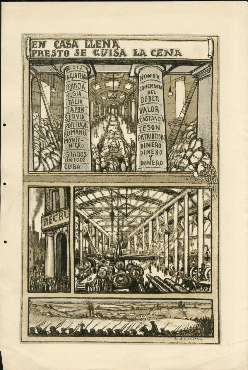Ilustracja Francisco Sancha Lengo (1874-1936) - Latający liść, ok. 1915 - En casa llena presto se guisa la cena - Wojna 14-18, armaty, pociski, fabryki przemysłowe, język hiszpański, mobilizacja, prasa zagraniczna autorstwa Francisco Sancha y Lengo
