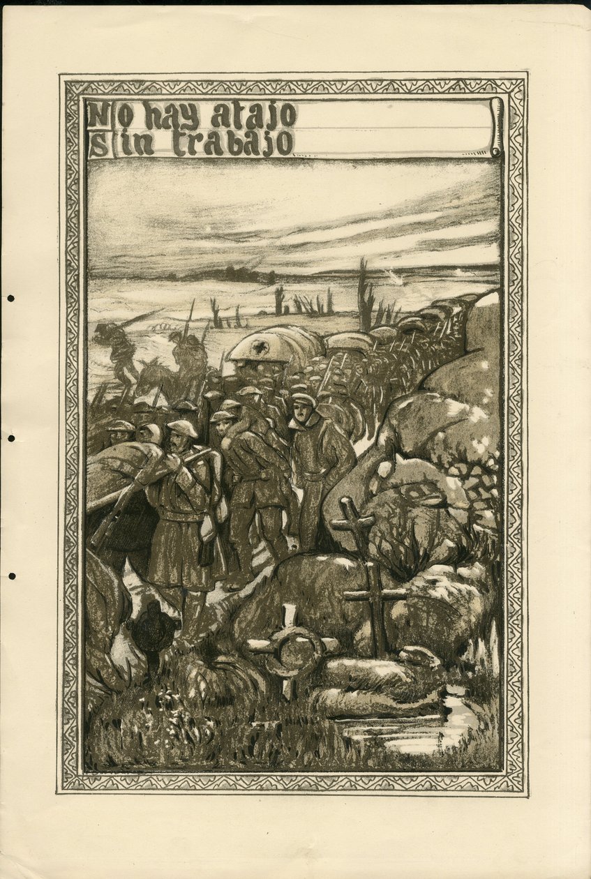 Ilustracja Francisco Sancha Lengo (1874-1936) - Latający liść, ok. 1915 - Nie ma skrótu bez pracy - Wojna 14-18, Transzy, Język hiszpański, Prasa zagraniczna - Więźniowie autorstwa Francisco Sancha y Lengo