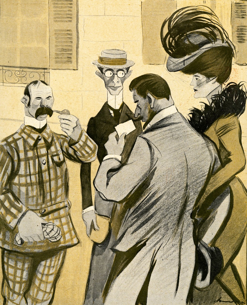 Dwóch Anglików niezdarnie pyta wspaniałą francuską parę o drogę w złym francuskim, 1903. autorstwa Francisco Sancha y Lengo