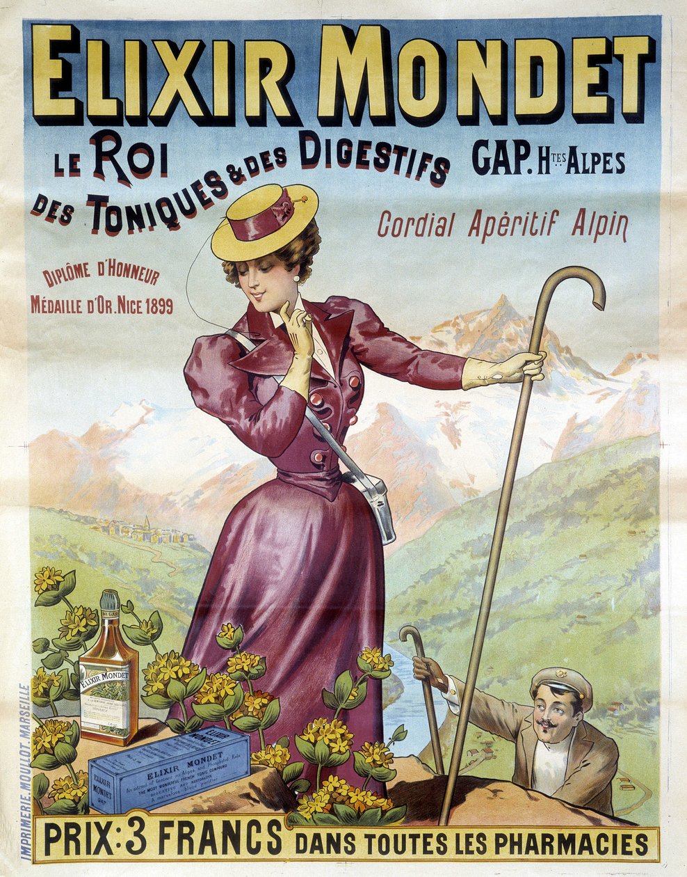 Plakat reklamowy z 1900 roku dla Elixir Mondet „Król toników i pokarmów, Serdeczny aperitif alpejski”. autorstwa Francisco Tamagno