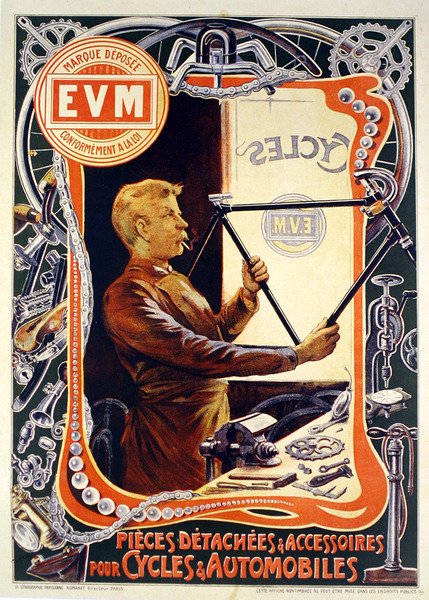 Plakat reklamujący E.V.M. akcesoria rowerowe (kolor lito) autorstwa Francisco Tamagno