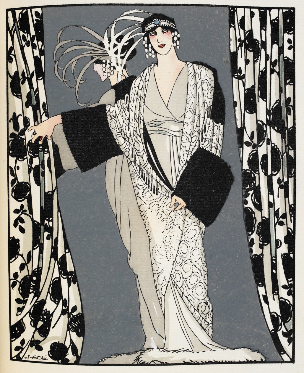 Blanc et noir. Kobieta w kostiumie zaprojektowanym w 1855 roku przez Johna Redferna, ilustracja z „La Gazette du Bon Ton” (kolor litho) autorstwa Francisco Xavier Gose