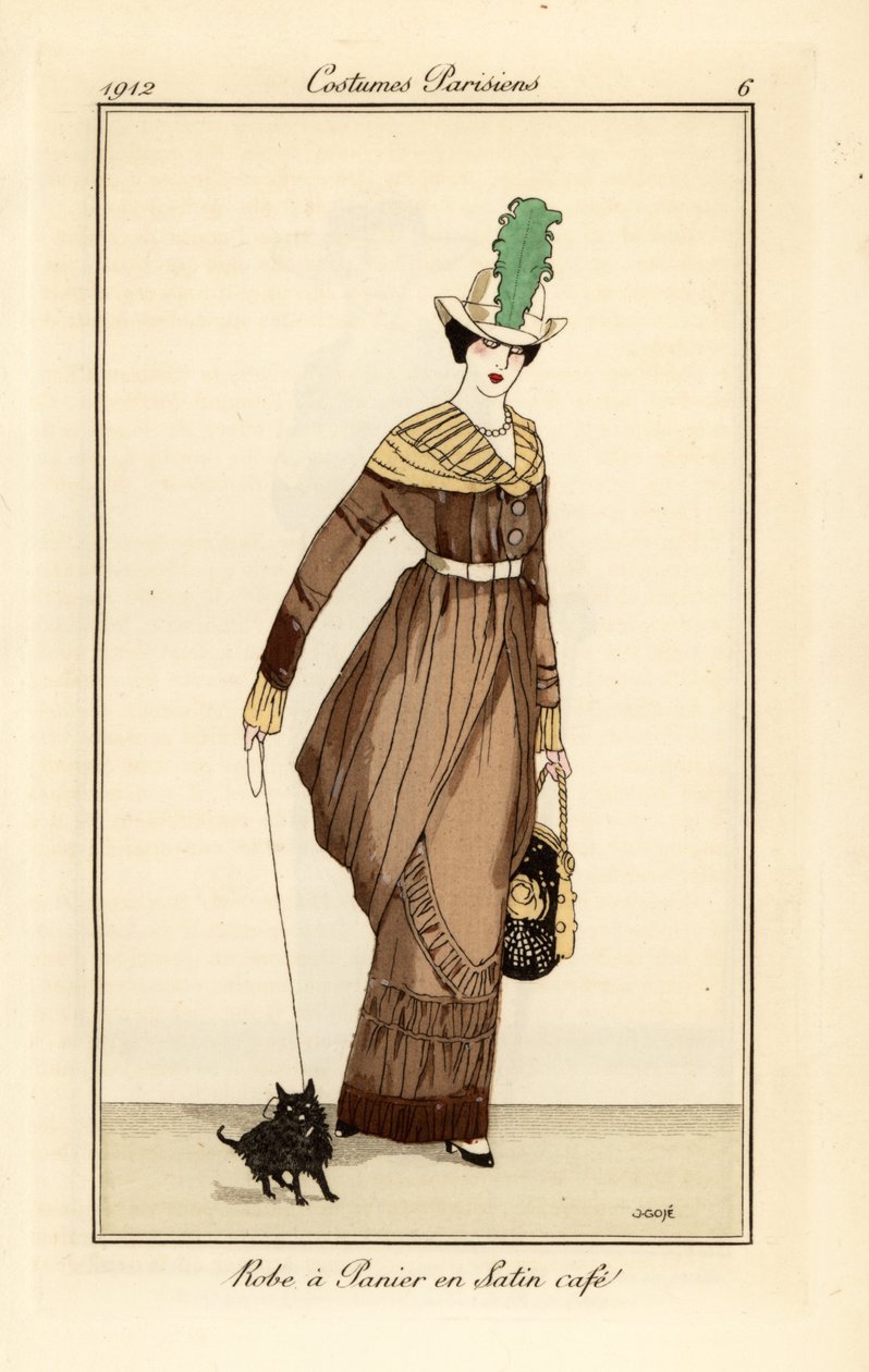 Kobieta w koszowej sukience z satyny w kolorze kawy z psem, akwaforta z Journal des Dames et des Modes Tommaso Antongini, Aux Bureaux du Journal des Dames, Paryż autorstwa Francesc Xavier Gosé